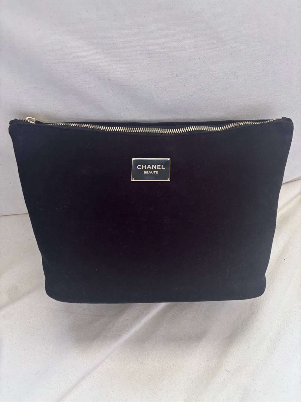 CHANEL Black Velvet Cosmetic Pouch with Gold Hardware